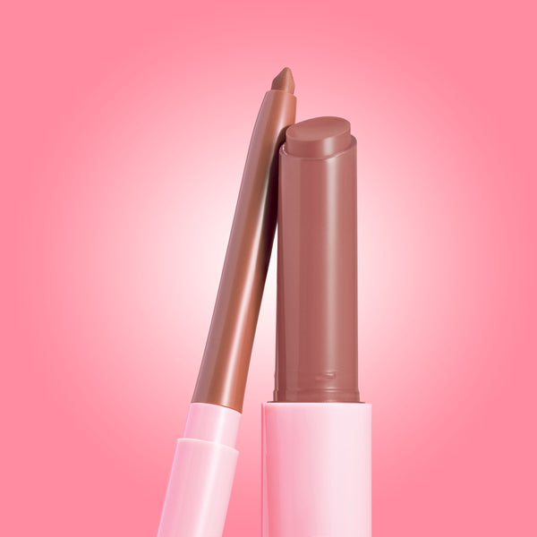 ColourPop So Juicy Plumping Lip Liner & Balm Set in Go-To Lip, nude‑mauve shade, standing open side by side to show pointed liner and rounded balm in sleek pink tubes, posed against a soft pink gradient background for a glossy, plumped‑lip look.