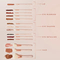 Ultimate Brush Roll ColourPop Makeup Brush Kit showcasing cream-handled, rose-gold brushes with makeup swatches arranged in rows - lip, eye blending, eye shading, eye detailing, and face - on a peach backdrop with labeled guides.