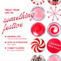 Colourpop Mistletoe Kisses Lip Care Kit showcasing open lip balms and glosses swirling red-and-white, arranged with peppermint candy motifs in a festive flat lay that emphasizes nourished lips, hydration, and sweet flavors.
