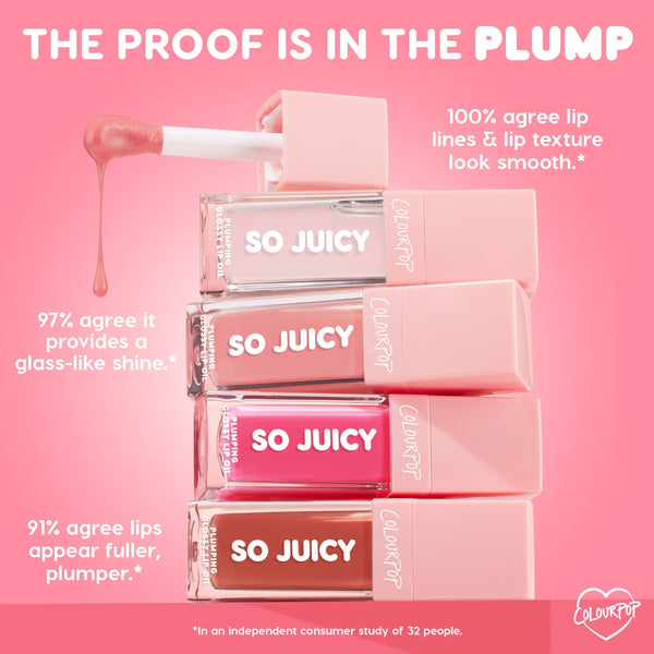 ColourPop So Juicy Lip Oil Set, Juicy Moment - set of four pink-capped tubes stacked with an open wand dripping rosy gloss - spotlights claims of glass-like shine, smoother lip lines, and fuller-looking lips on a pink backdrop; plumping glossy lip oils.