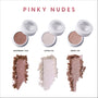 Coconut Cream and Soda Super Shock Shadow trio displayed in white round pots with lids open, showing shimmery pinky nude shades and crushed swatches beneath each color on a clean white background, labeled Raspberry Fizz, Extra Ice, and Sweet Sip.