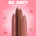 ColourPop So Juicy Plumping Lip Liner Set, Juiciest Pout, four twist-up lip liners in nude and brown tones standing upright with dewy droplets, showcasing plumping, shape-and-define, no-sharpen features against a pink gradient background.