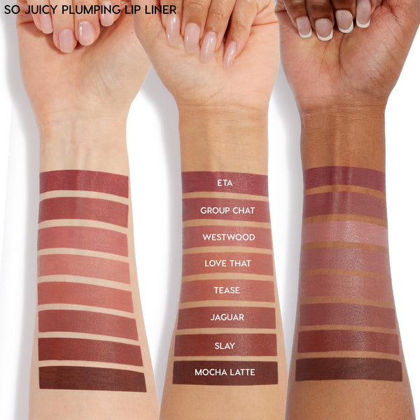 Juiciest Pout - ColourPop So Juicy Plumping Lip Liner Set swatched on three arms (light, medium, deep), displaying eight shades: ETA, Group Chat, Westwood, Love That, Tease, Jaguar, Slay, Mocha Latte; rosy mauves to rich brown.
