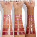 ColourPop So Juicy Plumping Gloss Balm with Peptides (So Balm) swatched in six glossy shades - Dolled Up, Guava Glaze, Vacay Mode, Doe, PSL, Berry Spritz - striped across three skin tones on forearms, highlighting high-shine plumping finish.