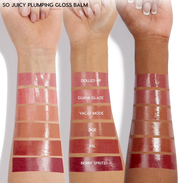 Glossy arm swatches showcase She's So Juicy, the ColourPop So Juicy Plumping Gloss Balm with Peptides, featuring six high-shine shades - Dolled Up, Guava Glaze, Vacay Mode, Doe, PSL, and Berry Spritz - on three forearms of different skin tones.