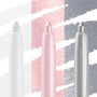 Total Essentials ColourPop Crème Gel Liner bundle stands upright - matte white, shimmery pink, and metallic silver - tips exposed with matching swipe swatches behind on a clean studio backdrop, showcasing creamy, long‑wear color payoff.
