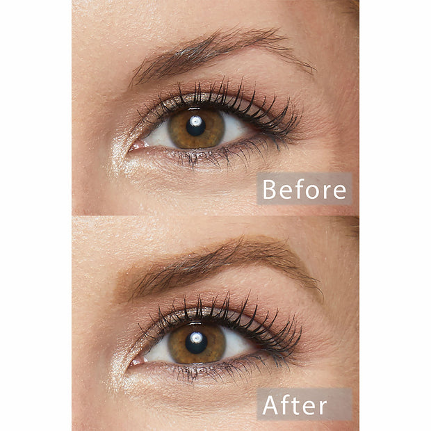 ColourPop Dope Taupe Brow Pencil filling action - before-and-after close-up of one eye shows a sparse eyebrow transformed into a fuller, defined arch with natural taupe strokes, demonstrating precise shaping and filling results.