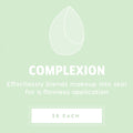 Complexion Blending Sponge blending foundation and concealer to a flawless finish, showcased on a mint-green promo card with a teardrop sponge line icon and $8 each price, part of ColourPop Makeup Tools & Accessories.