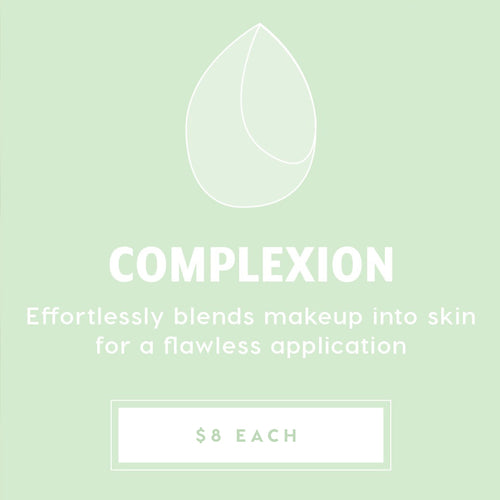 Complexion Blending Sponge blending foundation and concealer to a flawless finish, showcased on a mint-green promo card with a teardrop sponge line icon and $8 each price, part of ColourPop Makeup Tools & Accessories.