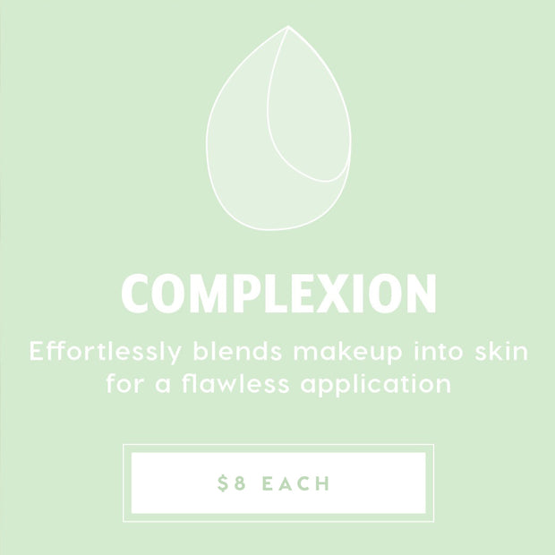 Complexion Blending Sponge blending foundation and concealer to a flawless finish, showcased on a mint-green promo card with a teardrop sponge line icon and $8 each price, part of ColourPop Makeup Tools & Accessories.