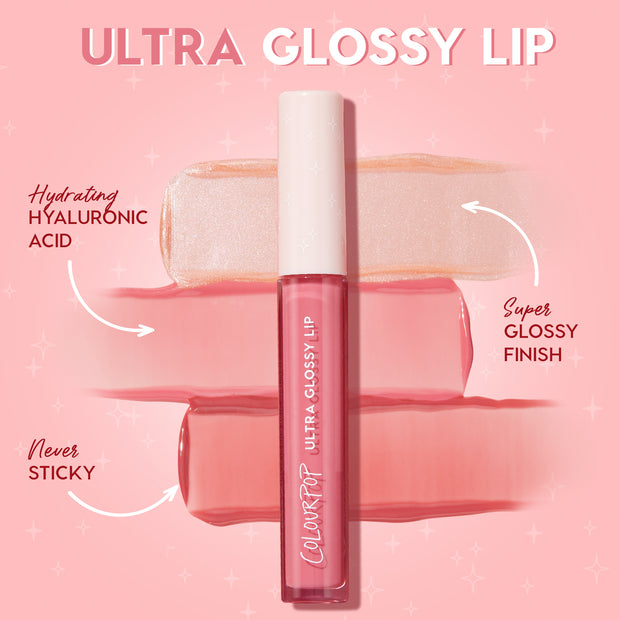 ColourPop Ultra Glossy Lip in Pasadena stands centered with a white-cap tube over rosy swatches, showing a pink, high-shine finish; callouts highlight hydrating hyaluronic acid and never-sticky wear on a sparkly pink backdrop.