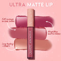 Tube of ColourPop Ultra Matte Lip in Tulum stands upright, showing a dusty rose‑mauve liquid lipstick with three matte swatches behind on a pink gradient background, highlighting full coverage in one swipe, weightless matte finish, and long‑lasting comfy wear.