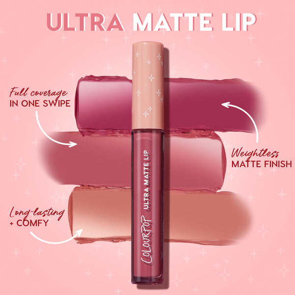 ColourPop Ultra Matte Lip in Bumble displayed upright against three rosy‑nude swatches, emphasizing full coverage in one swipe, weightless matte finish, and long‑lasting, comfy wear for a rose‑mauve lip color.