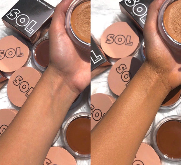 Forearm shows before-and-after swatch - left bare, right bronzed - demonstrating the Deep shade of ColourPop SOL Face & Body Bronzing Balm; SOL Body compacts and boxes surround the arm on a white surface, emphasizing a rich sun-kissed glow.