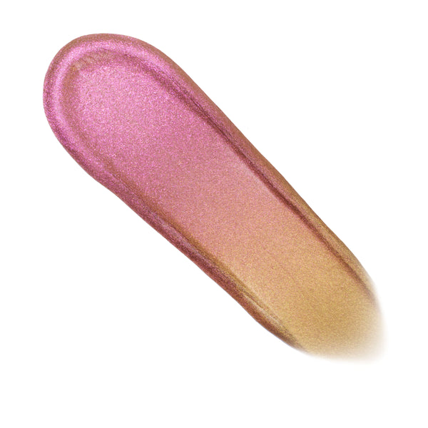 Bliss ColourPop Chrome Liquid Shadow swatch shifts from vibrant pink to warm gold in a smooth single swipe, highlighting a high-shine duochrome metallic finish on a clean white background.