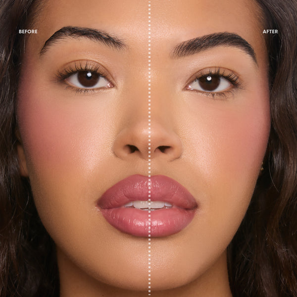 Close-up split-screen of a woman’s face showing before and after results of Clear Brow Boss Gel, with the left eyebrow natural and the right eyebrow lifted, fuller, and defined to highlight polished brow makeup results.