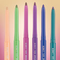 Six Chrome Hearted ColourPop Chrome Crème Gel Liner pencils stand uncapped, showcasing chrome shimmer tips; retractable barrels in peach, lime, fuchsia, purple, cobalt, and teal line up against a soft pastel gradient background.