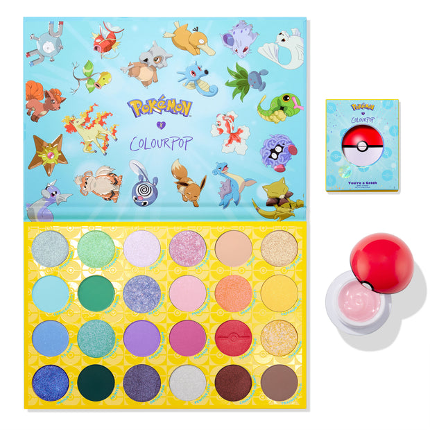 ColourPop Gotta Catch ’Em All!™ makeup set showcasing an open 24-shade eyeshadow palette with Pokémon artwork, a boxed compact, and a Poké Ball jar of pink shimmer, all displayed on a white background from the ColourPop x Pokémon collection.