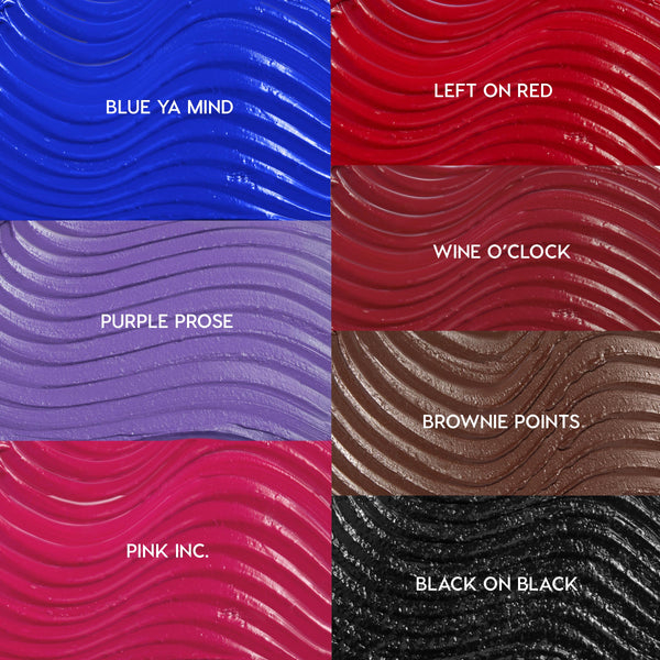 ColourPop BFF Mascara Purple Prose swatch showing a smooth, wavy pastel purple mascara stroke, centered in a grid alongside labeled shades Blue Ya Mind, Left on Red, Wine O’Clock, Brownie Points, Pink Inc., and Black on Black.