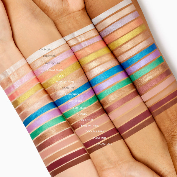 Walnut Ave Shadow Stix swatch - rich walnut-brown matte - striped across light, medium, and deep skin beside other shades, showing smooth payoff and depth; ColourPop Shadow Stix cream eyeshadow in a deep neutral brown.