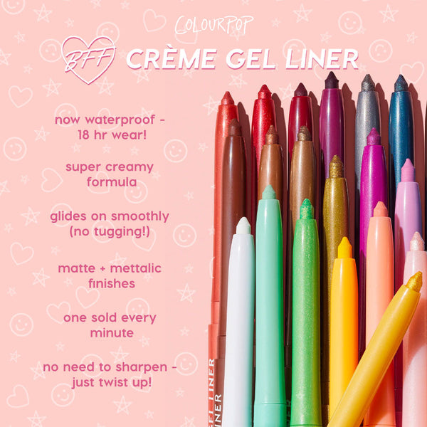 ColourPop Crème Gel Liner Total Essentials liners stand in a vibrant rainbow row, tips exposed, showcasing waterproof 18‑hour wear, super‑creamy, smooth‑glide, twist‑up formula with matte and metallic finishes on a pink doodle backdrop.
