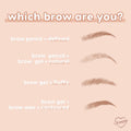 ColourPop Champagne Blonde Pencil brow pencil demonstrates brow finishes - pencil defines, pencil + gel looks natural, gel creates fluffy texture, and gel + wax gives a contoured shape - shown as four sketched brows on a peach infographic.