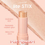 ColourPop Lite Stix highlighter Sunlight stands uncapped, revealing a champagne‑gold stick for a buildable radiant glow; callouts highlight hydrating, mess‑free wear, with a sweeping shimmer swatch behind on a blush pink background.