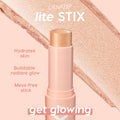 ColourPop Lite Stix Ignite highlighter standing uncapped, bullet revealing champagne-gold shimmer that offers hydrating, buildable, mess-free glow, set against a peach backdrop with a metallic swatch and “get glowing” callout.