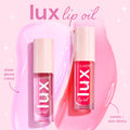 ColourPop Lux Lip Oil Bengal standing upright with another tube, showing pink and fuchsia swatches, star-stamped blush caps and bold lux logo, highlighting a sheer glossy, comfy, non-sticky finish on a pastel pink backdrop.