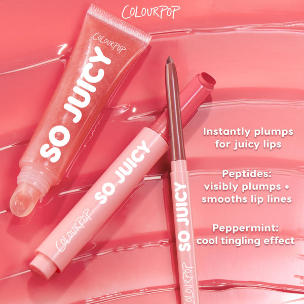 She’s So Juicy Plumping Gloss Balm with Peptides by ColourPop, arranged with a shimmery pink squeeze tube, matching balm stick, and lip liner on a glossy pink backdrop, highlighting peptide plumping and peppermint tingle for smoother, fuller lips.