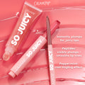 ColourPop So Juicy Plumping Lip Liner with Peptides in Westwood, cap off to show a rosy-brown tip, pairs with So Juicy gloss on a glossy pink backdrop; callouts highlight peptides for smoothing, instant plumping, and a peppermint tingle.