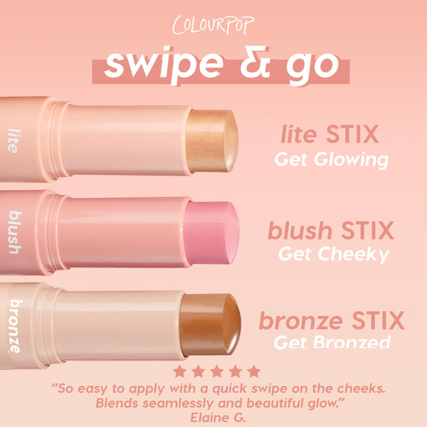 Ignite ColourPop Lite Stix highlighter - shimmery champagne-gold cream stick - shown uncapped and extended, with Blush Stix and Bronze Stix below on a peach gradient promo, highlighting a quick, blendable glow for swipe-and-go wear.
