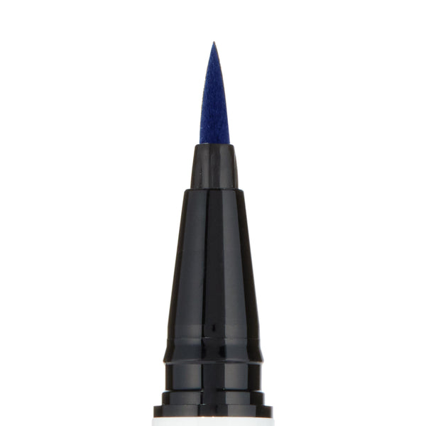 ColourPop BFF Liquid Liner, shade Crzy, showing a precise felt-tip applicator saturated with bold electric-blue pigment, macro close-up on a white background for crisp lines and winged eyeliner control.