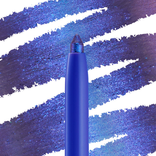ColourPop Chrome Crème Gel Liner in Ventura Blvd shows its creamy twist-up tip, flashing multichrome blue‑violet‑teal shimmer, set against bold cobalt swatches on white to showcase smooth glide, rich payoff, and metallic finish.