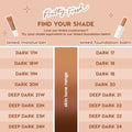 senjyuan.onlineplexion Bundle face set shade guide comparing Pretty Fresh tinted moisturizer to tinted foundation balm, mapping dark and deep dark tones, e.g., Dark 17N→Dark 17 through Deep Dark 24N→Deep Dark 24 on a peach chart.