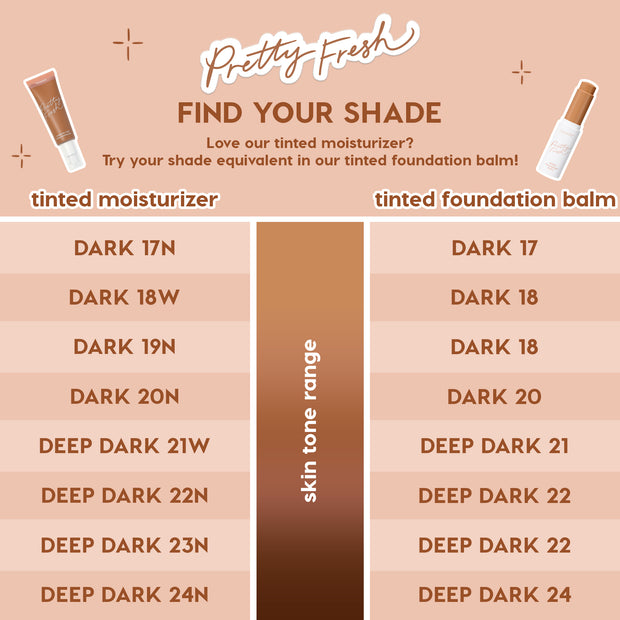 senjyuan.onlineplexion Bundle face set shade guide comparing Pretty Fresh tinted moisturizer to tinted foundation balm, mapping dark and deep dark tones, e.g., Dark 17N→Dark 17 through Deep Dark 24N→Deep Dark 24 on a peach chart.