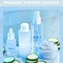 Waterfall Gentle Tonic ColourPop Face Toner stands upright in a frosted blue flip-cap bottle beaded with condensation, surrounded by cucumber slices and Fourth Ray hyaluronic products for a dewy, hydrating skincare lineup.