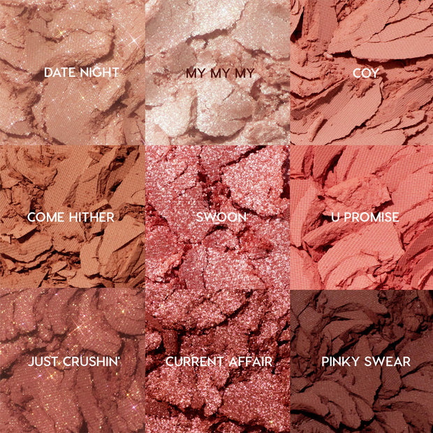 Blush Baby ColourPop Shadow Palette displays nine crushed rose-to-mauve pans - Date Night, My My My, Coy, Come Hither, Swoon, U Promise, Just Crushin’, Current Affair, Pinky Swear - mixing matte and sparkly shimmer finishes in a tight grid close-up.