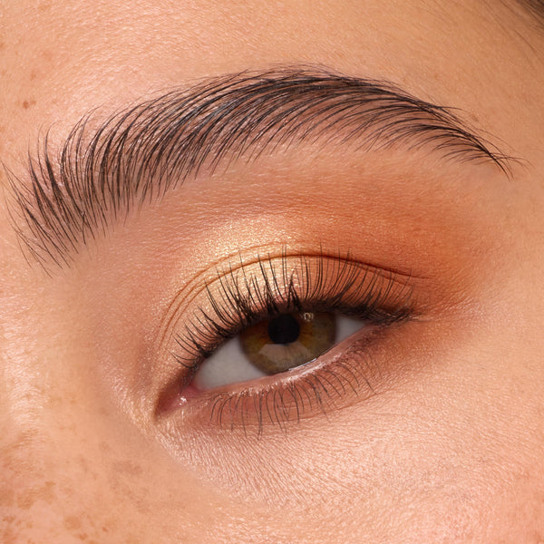 Eyelid showcases Feelin' Toasty ColourPop Shadow Palette, champagne-gold shimmer swept across the lid and blended into warm matte toasted brown on the crease, with natural lashes and a groomed brow in a close-up beauty shot.