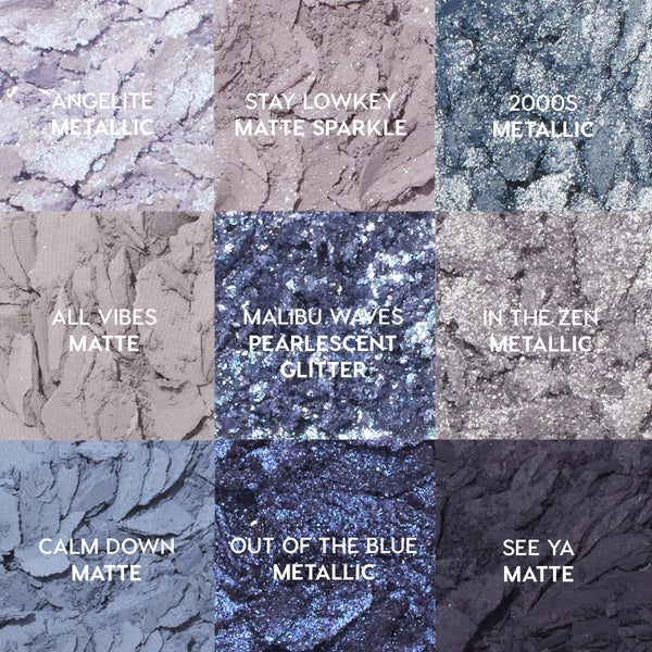 ColourPop So Elemental shadow palette showing nine crushed cool-toned blue and lavender pans labeled Angelite Metallic, Stay Lowkey Matte Sparkle, 2000s Metallic, All Vibes Matte, Malibu Waves Pearlescent Glitter, In the Zen Metallic, Calm Down Matte, Out of the Blue Metallic, and See Ya Matte, highlighting shimmery and matte finishes for US makeup lovers shopping shadow palettes.