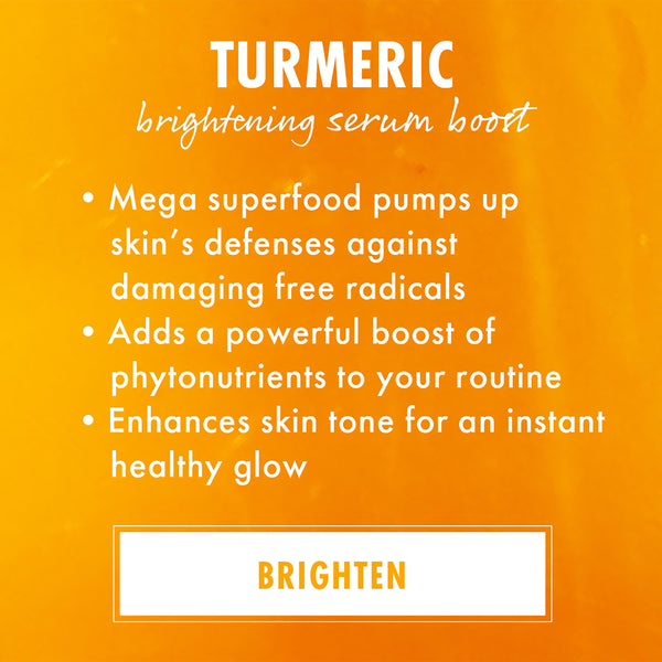 Turmeric Serum promoting a brightening serum boost - ColourPop Face Serum graphic lists benefits: shields skin from free radicals, adds phytonutrients, and enhances tone for an instant glow on a vivid orange background with a BRIGHTEN tag.