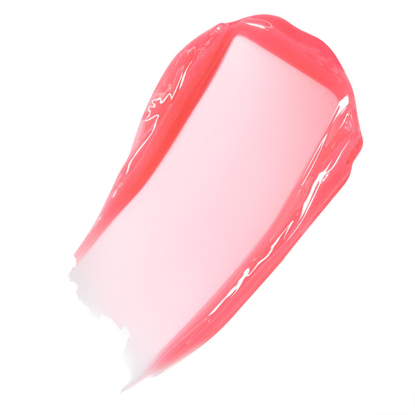 Strawberry Milk swatch gliding in a smooth, jelly-like stroke, revealing a semi-sheer milky pink tint and glossy shine; ColourPop Fresh Kiss Glossy Balm shown on a clean white background.