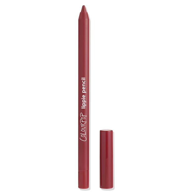 Hoopty ColourPop Lippie Pencil stands uncapped, revealing a deep burgundy tip, with the matching cap beside it on a white background; slim matte barrel reads ColourPop lippie pencil, ideal for precise lip lining.