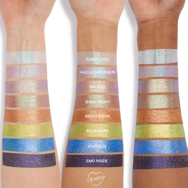 ColourPop Boo-Kay Jelly Much Shadow eyeshadow swatches shown on three skin tones, displaying shimmering shades Super Cool, Hallucinogenius, Big Ego, Shiny Penny, Brentwood, Billionaire, Stargaze, and Emo Inside in neat horizontal stripes.