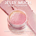 ColourPop Jelly Much Shadow Mystical shimmering in an open pot, pink-to-gold duochrome metallic gel catching light, with smooth swatches on a blush backdrop to showcase vibrant pigment and long-wear eye color.
