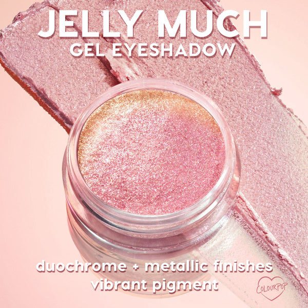 ColourPop Jelly Much Shadow Emo Inside swirls in an open jar, shimmering pink-to-gold duochrome gel catching the light, with wide swatches behind to show metallic payoff and vibrant pigment on a soft pink backdrop.