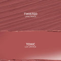 Anti-Hero kit swatch shows Twisted Lippie Pencil above Toxic ColourPop Lux Lipstick, both in rosy mauve; pencil features textured strokes while the lipstick is a smooth satin block - flat lay close-up previewing shade and finish.