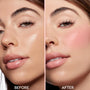 Close-up model showing split-screen before-and-after wear of It’s a Look ColourPop Lip and Cheek Balm, left bare, right with dewy pink flush on cheeks and subtle lip tint, highlighting a hydrated glow and natural finish.