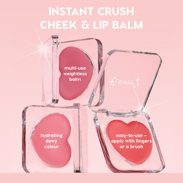Heart-shaped ColourPop Lip and Cheek Balm compacts in clear cases sit open, showing dewy pink and coral cream shades; highlighting Instant Crush’s hydrating, weightless, easy finger-or-brush application; Girls Night shade for lips and cheeks.