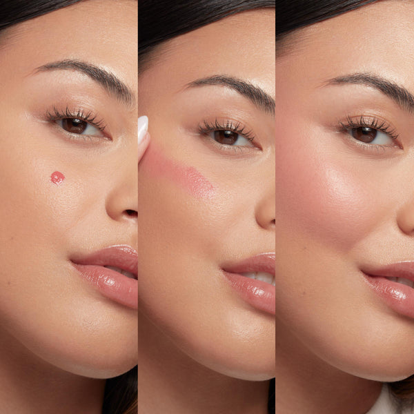 ColourPop Liquid Blush in Culver City dabbed on cheek, blended with fingertip, then shown fully diffused to a soft pink glow; step-by-step close-up on a model’s cheek highlights creamy texture and a dewy, buildable finish.